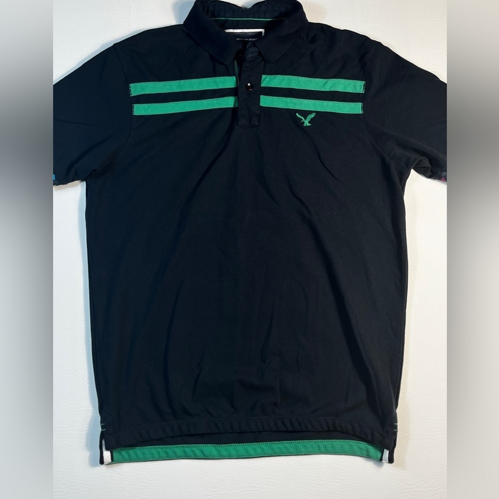 DXI Sport Men's Black Polo Shirt with Green Stripes and Pattern Trim sz M